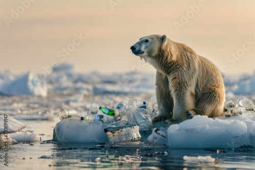 A polar bear sits on a pile of plastic bottles on a frozen lake. Ecology problems and plastic pollution concept