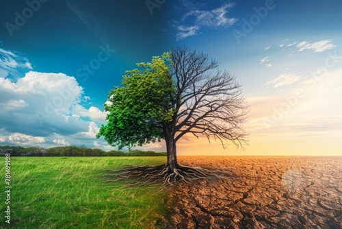 Tree in ecology and drought concept. Climate change and record heat. Backdrop with selective focus
