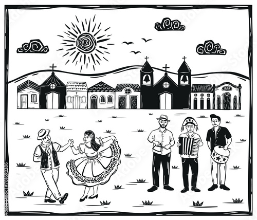 June festival with couple dancing  music band playing  village of houses and church. Woodcut in northeastern cordel style. Vector illustration.eps