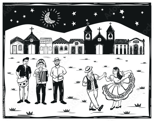Couple dancing and band playing at a S?o Jo?o festival. Woodcut in the cordel style of northeastern Brazil. Vector illustration..eps