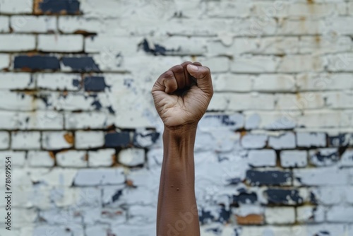 Clenched fist against the background of a brick wall. Protest concept. Backdrop with selective focus and copy space © Space Priest