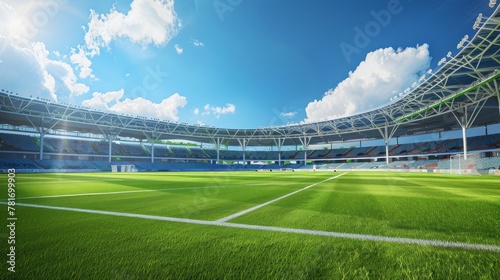 soccer stadium  green grass  blue sky  view from playground  game realistic graphics  hdr