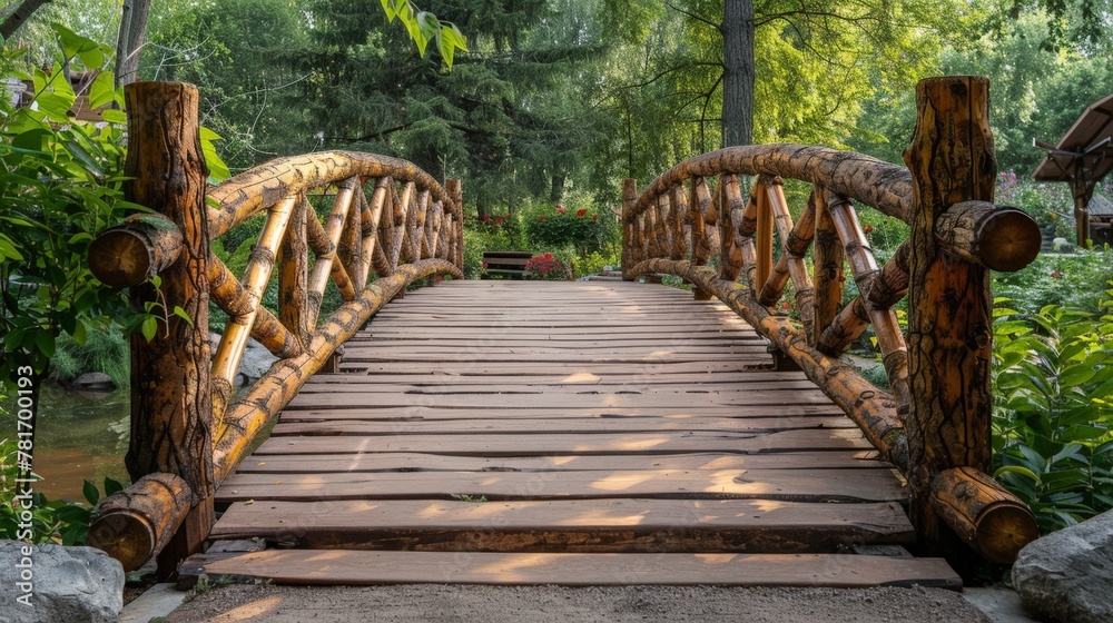 Obraz premium Wooden bridge crossing stream in forest