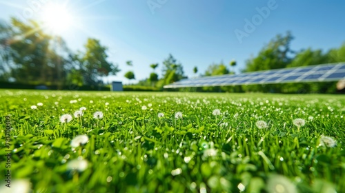 An eco-friendly artificial grass field under a clear blue sky