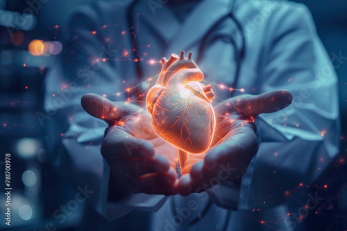 Unrecognizable doctor holding glowing virtual human heart in hands in cardio vascular system protection and health care concepts. Medicine and technological advances concept