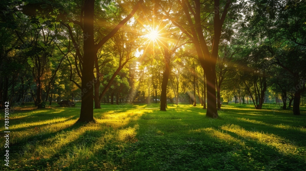 Obraz premium Sun shining through leafy canopy in park