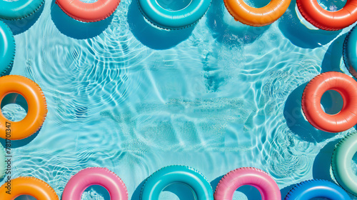 Overhead view of a swimming pool with pool ring floats