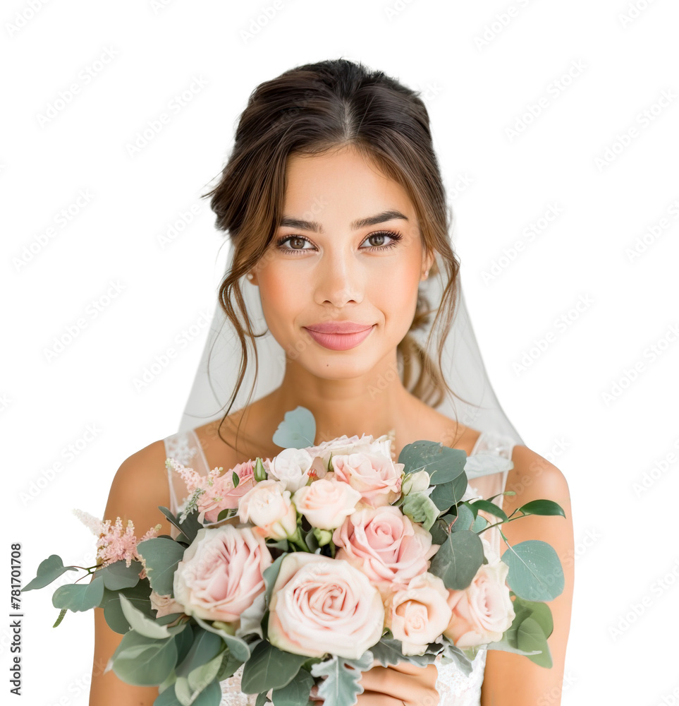 Gorgeous mixed race bride headshot holding bouquet of flowers for wedding day over white transparent background Gorgeous mixed race bride headshot holding bouquet of flowers for wedding day over white transparent background