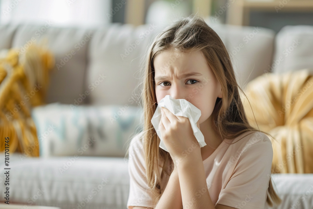 Caucasian girl coughing while pressing tissue against mouth. Health, Medicine, Cold, virus concept Caucasian girl coughing while pressing tissue against mouth. Health, Medicine, Cold, virus concept