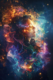 Cosmic Abstract Woman Vibrant Fantasy Feminine Portrait, Nebula Background