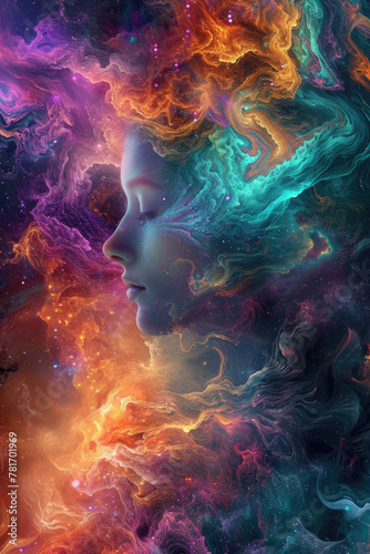 Ethereal Woman in Cosmic Abstract Style Nebula Background, Vibrant Colors