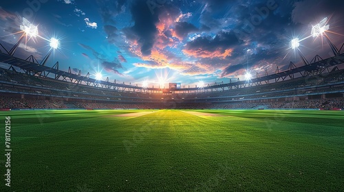 Panoramic highdefinition image of a cricket stadium showing the contrast between daylight and evening atmosphere under stadium lights. Concept Cricket Stadium, Daylight vs Evening © Jennifer
