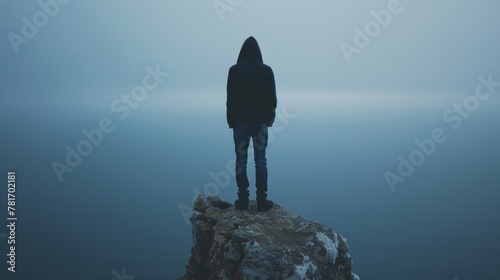 A lone figure stands on top of a mountain face obscured by a hood as they gaze out at the vast expanse of the horizon in search . .