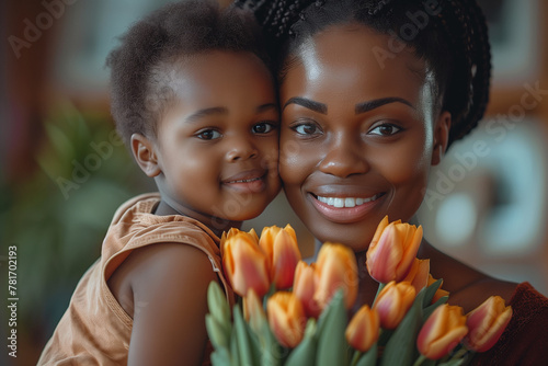 Happy Mother s Day Celebration with Black Mother and Child and Flowers