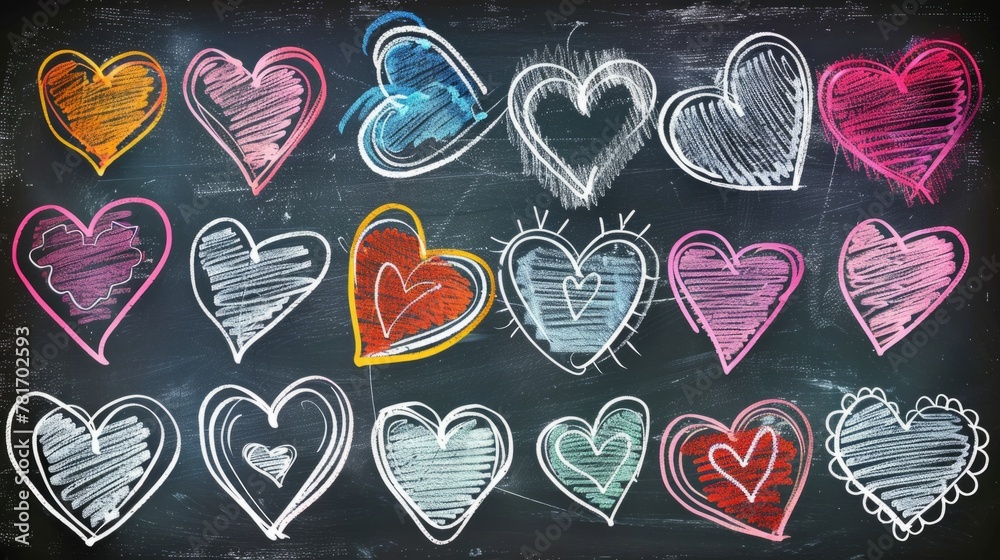 Fototapeta premium chalk drawings of colored hearts generative ai