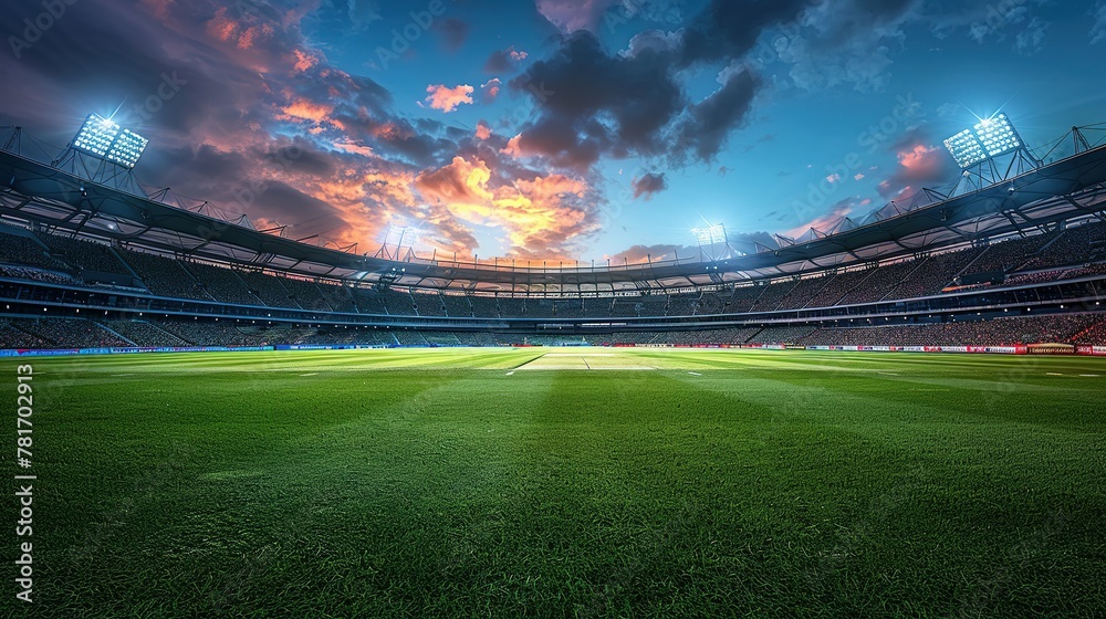 Panoramic highdefinition image of a cricket stadium showing the contrast between daylight and evening atmosphere under stadium lights. Concept Cricket Stadium, Daylight vs Evening Panoramic highdefinition image of a cricket stadium showing the contrast between daylight and evening atmosphere under stadium lights. Concept Cricket Stadium, Daylight vs Evening