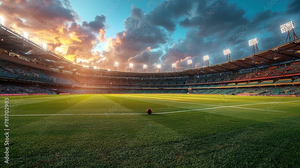 Fototapeta premium Panoramic highdefinition image of a cricket stadium showing the contrast between daylight and evening atmosphere under stadium lights. Concept Cricket Stadium, Daylight vs Evening