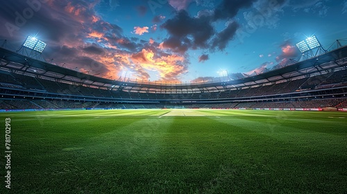 Panoramic highdefinition image of a cricket stadium showing the contrast between daylight and evening atmosphere under stadium lights. Concept Cricket Stadium, Daylight vs Evening photo