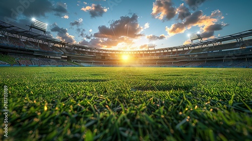 Panoramic highdefinition image of a cricket stadium showing the contrast between daylight and evening atmosphere under stadium lights. Concept Cricket Stadium, Daylight vs Evening © Jennifer