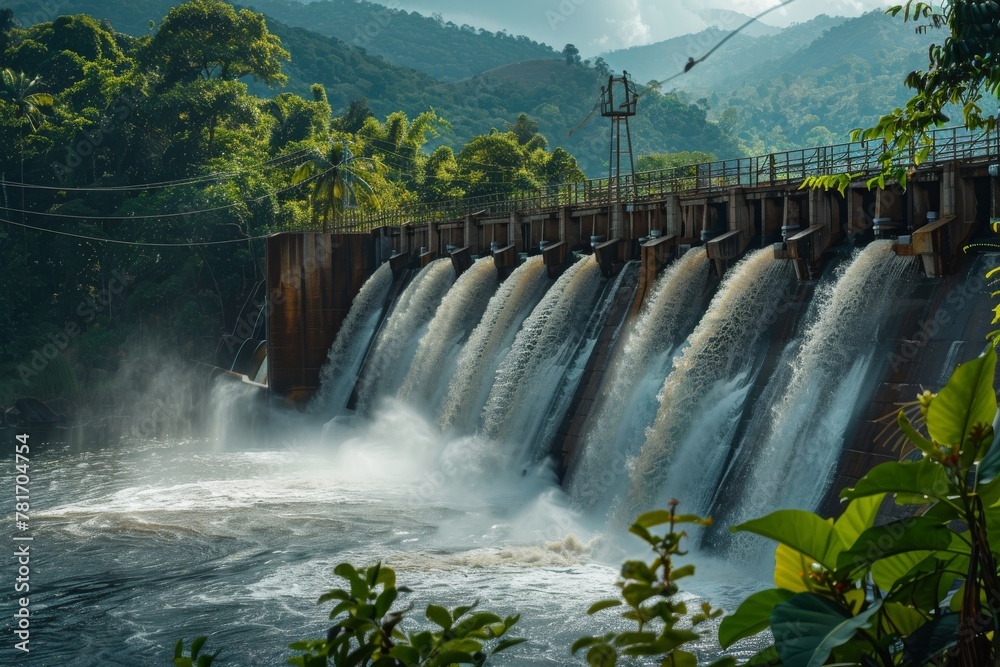 Fototapeta premium Impressive dam on background of mountains and hills