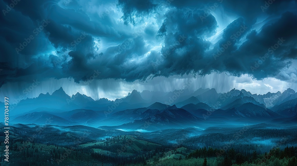 Dark storm clouds over the majestic mountains and flashes of lightning illuminate the horizon. Generative AI