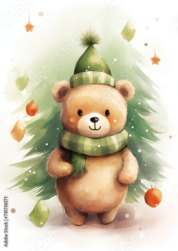 a painted bear with a christmas tree, in the style of charming character illustrations