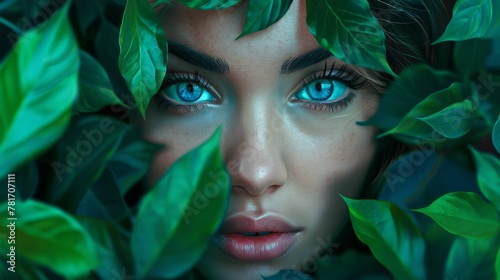 Woman with blue eyes and green leaves around her. generative ai