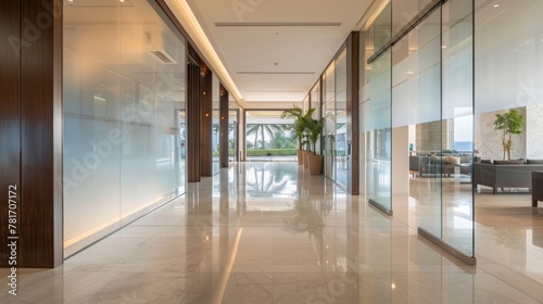 The grand lobby of the luxury resort serves as a stunning introduction to the property with its frosted glass walls creating a sense of glamour and prestige while still maintaining .