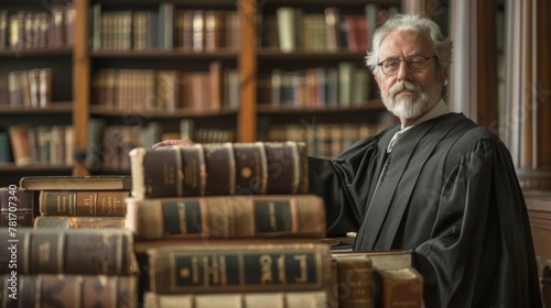 Standing tall amidst a sea of books and legal documents the weathered face of a wise judge reflects years of upholding the law with integrity and sound judgment. .