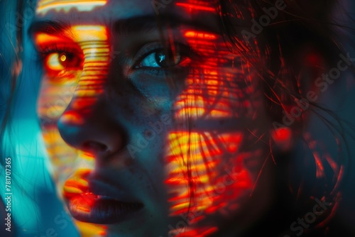 Close-up of a woman's face with vibrant red light patterns casting a dramatic and futuristic look.