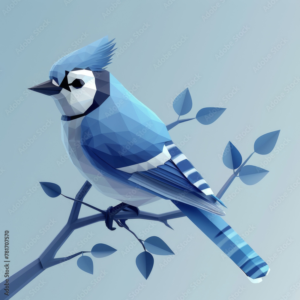 Geometric illustration of a blue jay perched on a branch against a soft blue background. - obrazy, fototapety, plakaty 