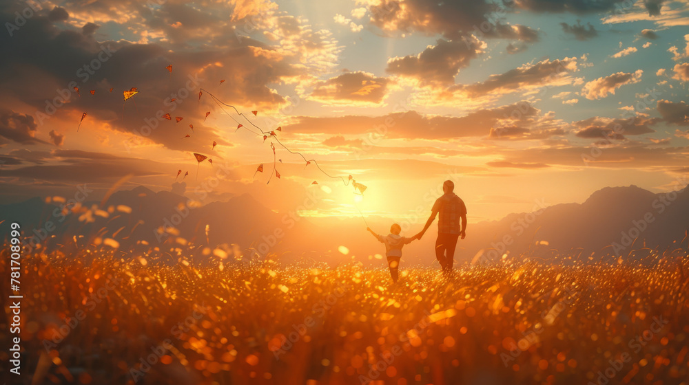 family running through field letting kite fly. family running through field letting kite fly.