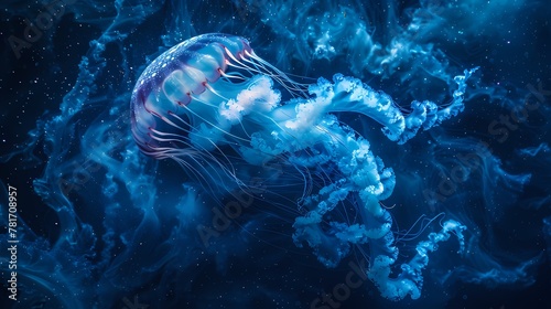 Digital underwater world blue jellyfish poster background