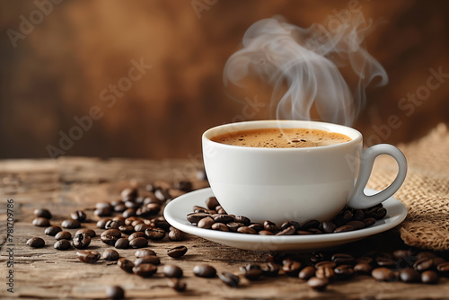 木のテーブルに置かれたコーヒー豆と湯気がでている一杯のコーヒー photo