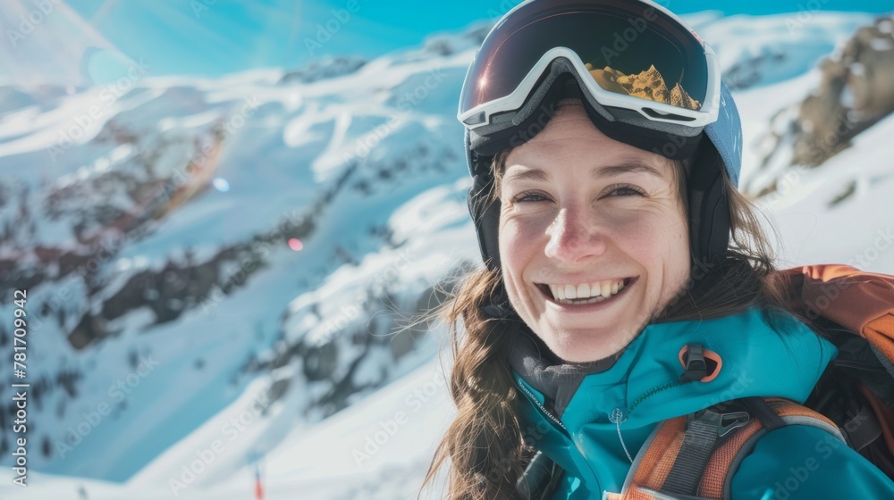 a woman smiling on a snowy mountain, snow skiing concept generative ai