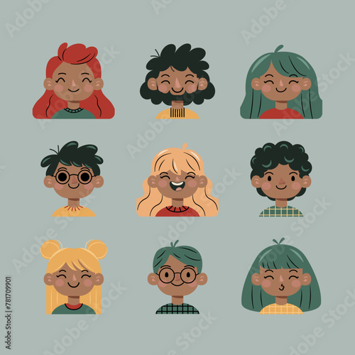 Portrety ludzi. Różne twarze i fryzury. Zabawne postacie. Awatar, urocze komiksowe buzie. Ręcznie rysowane ilustracje wektorowe. © Monika