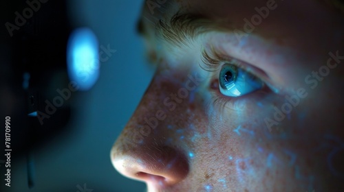 A closeup of a students face illuminated by the glow of a computer screen. Their expression is one of deep concentration as they analyze a complex algorithm for maximizing the efficiency . © Justlight