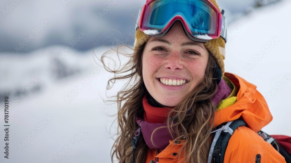 a woman smiling on a snowy mountain, snow skiing concept generative ai a woman smiling on a snowy mountain, snow skiing concept generative ai