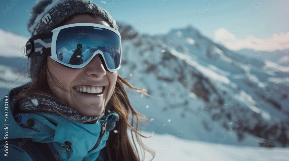 a woman smiling on a snowy mountain, snow skiing concept generative ai a woman smiling on a snowy mountain, snow skiing concept generative ai