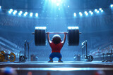 Weightlifter performing barbell raised high during competition in stadium with spotlight. 3D Animation cartoon. Practicing powerlifting. Workout exercises. Generative AI 