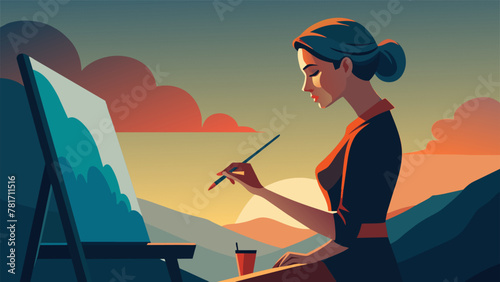 As the sun sets the woman continues to paint her brush moving in a hypnotic rhythm. The colors on the canvas seem to glow in the fading light