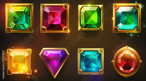 Gem set icons on dark background isolation, Illustration	