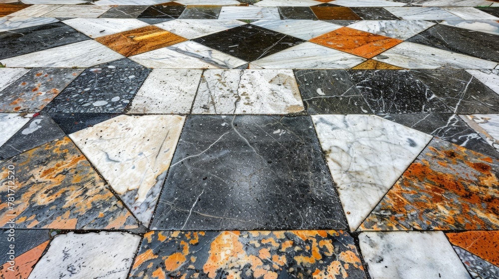 Close up of orange and black tiled floor Close up of orange and black tiled floor
