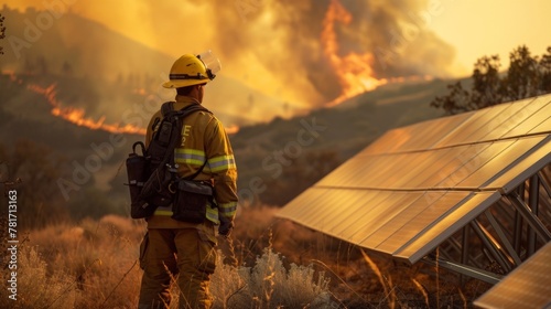 The fourth image portrays a firefighter standing in front of a row of solar panels which are powering emergency communication and monitoring equipment. In the background a plume of .