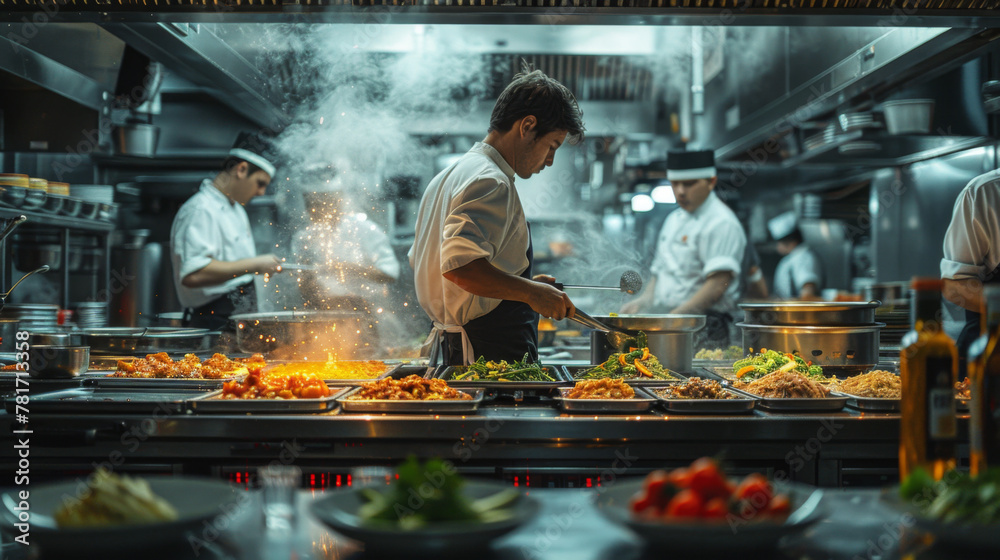 Famous Chef of a Big Restaurant Prepares Dishes with His Help of Cooks. Modern Kitchen is Made of Stainless Steel and Full of Cooking Ingredients. Famous Chef of a Big Restaurant Prepares Dishes with His Help of Cooks. Modern Kitchen is Made of Stainless Steel and Full of Cooking Ingredients.