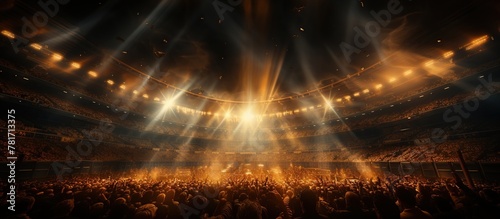 Stadium lights and crowd of fans at a live sporting event. photo