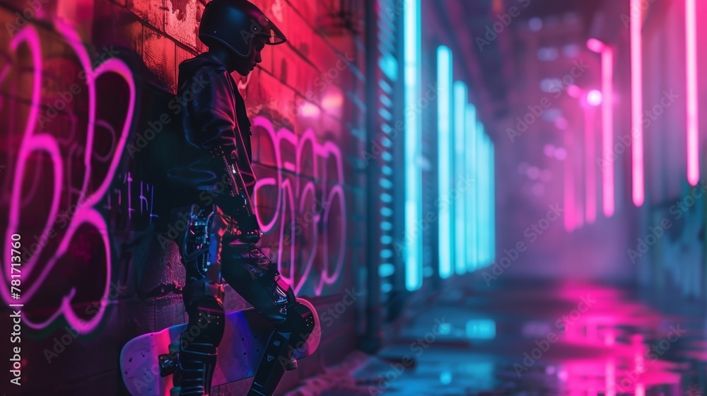 An androgynous figure leans against the wall their cybernetic arm glinting in the neon light. They hold a skateboard under one arm . .