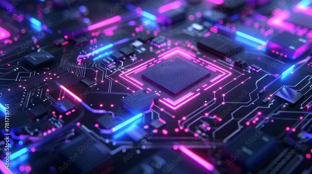 image of computer microchip with blue and violet neon lights. generative ai