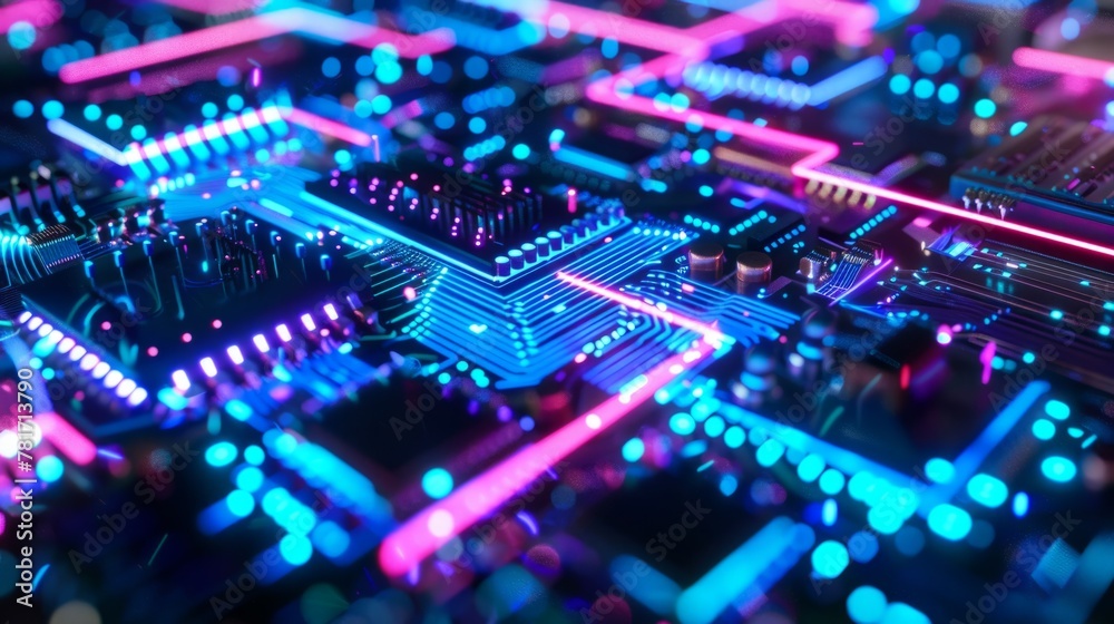 image of computer microchip with blue and violet neon lights. generative ai