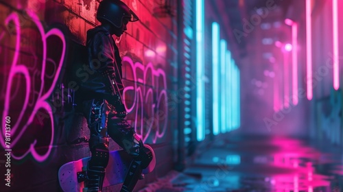An androgynous figure leans against the wall their cybernetic arm glinting in the neon light. They hold a skateboard under one arm . .